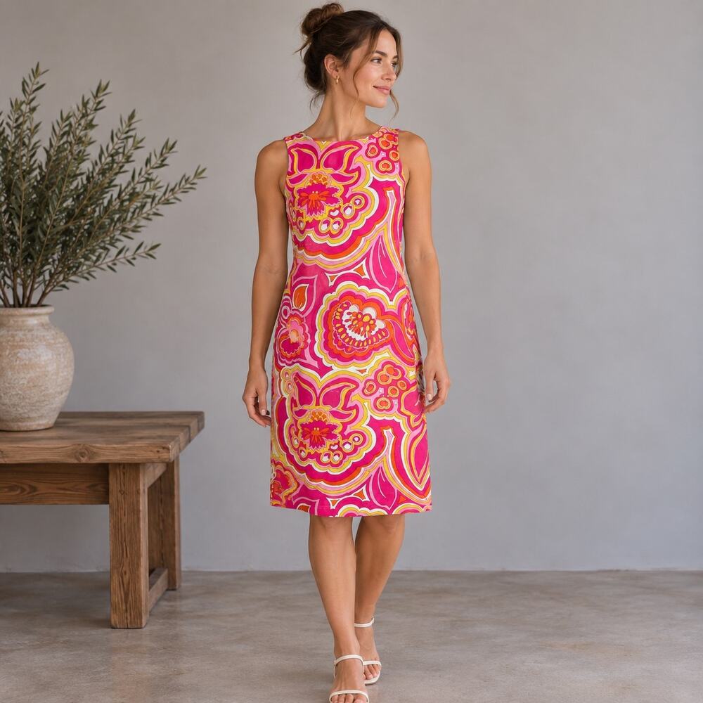 Trina Turk Pink Orange Floral Print Sleeveless Sheath Dress 8